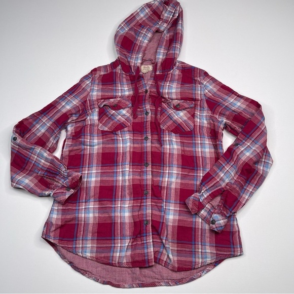Boston Traders Hoody Hoodie Plaid Gauzy Cotton Y2K Gorp Skater Surfer Beachy Red - Picture 1 of 13